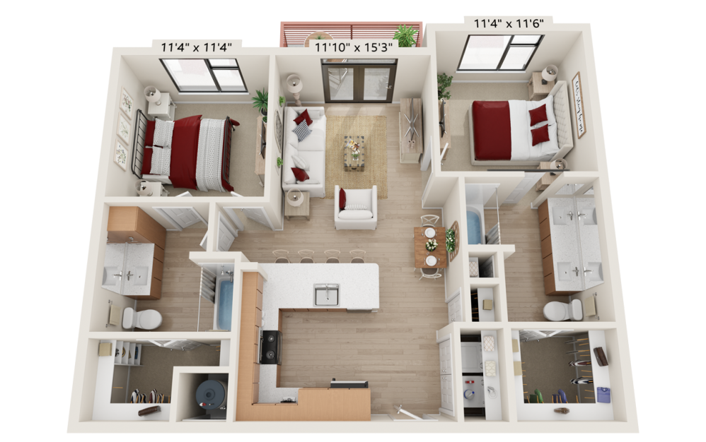 B1 - 2 bedroom floorplan layout with 2 bathrooms and 1026 square feet