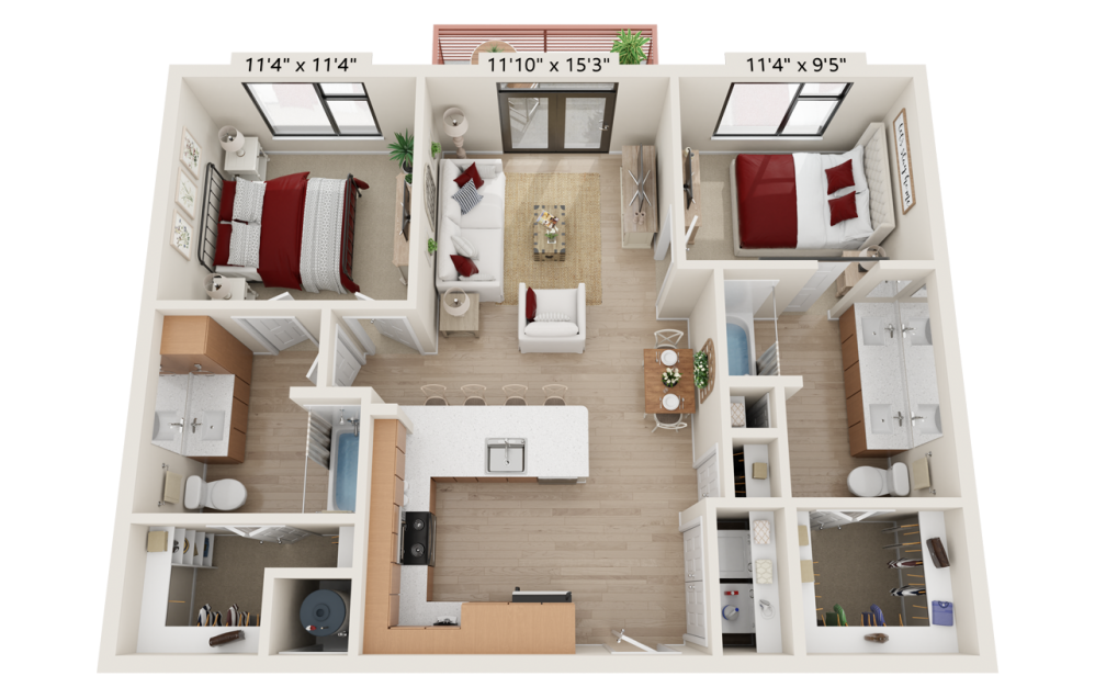 B1A - 2 bedroom floorplan layout with 2 bathrooms and 1000 square feet